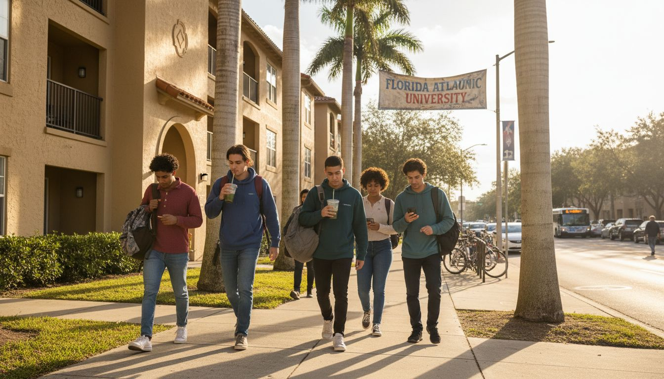 A group of five students walk on a sidewalk near apartments and palm trees, carrying backpacks and drinks, under a "Florida Atlantic University" banner—showcasing why choose student housing for convenience and campus life. A bus and bikes are visible in the background.