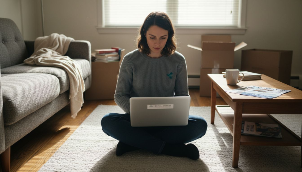 A woman sits cross-legged on a rug in her living room, working on a laptop and surrounded by moving boxes. Sunlight filters in as she researches affordable apartment tips, with books, a coffee table, and papers scattered nearby for inspiration.