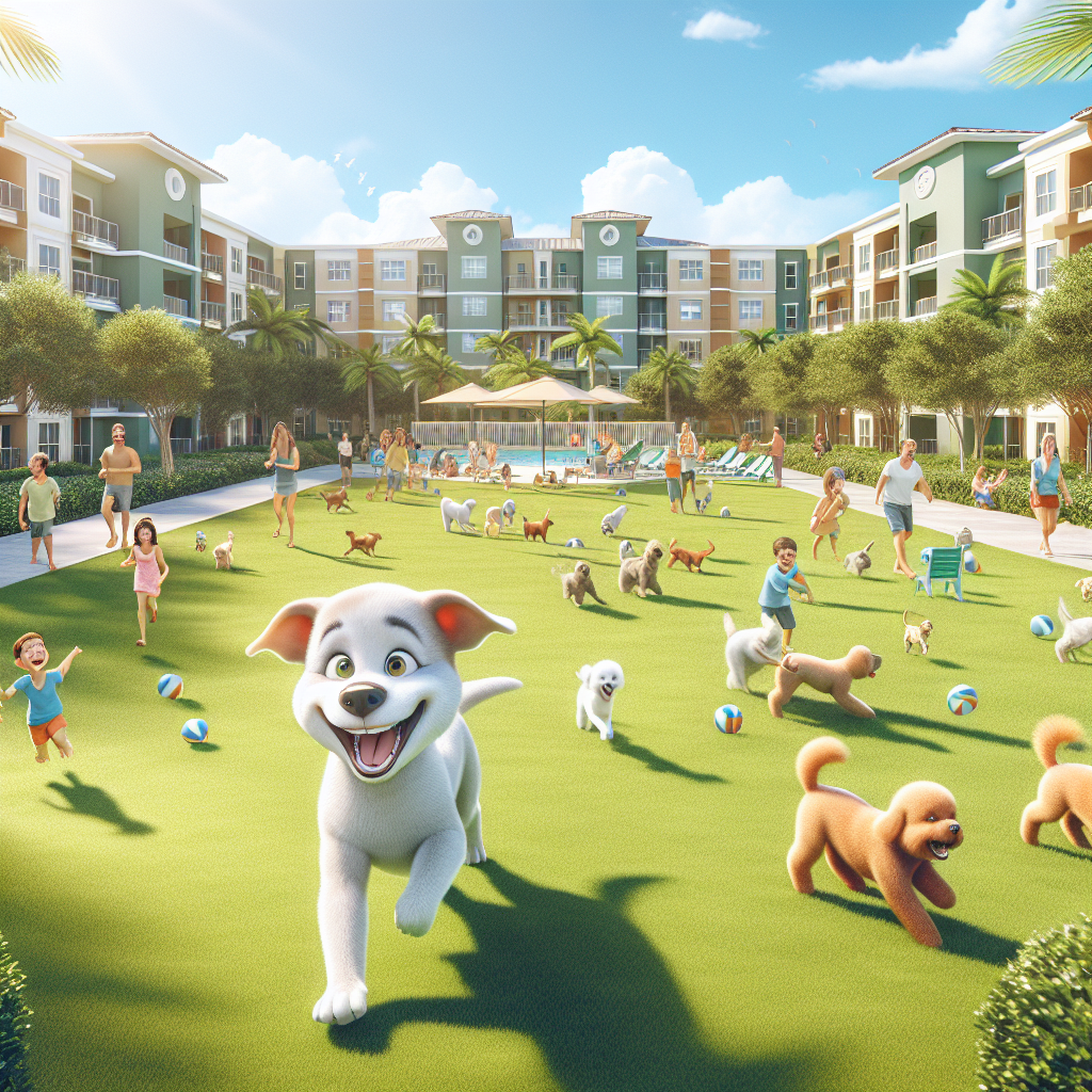 Dogs and children play on a grassy courtyard in a modern apartment complex under a sunny sky, with adults watching nearby. There’s a swimming pool, palm trees, and colorful buildings in the background.