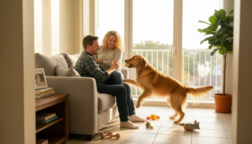 A man and woman sit on a couch with their dog, showing why rent pet-friendly apartments: they offer comfort and companionship for every member of the family—furry friends included.