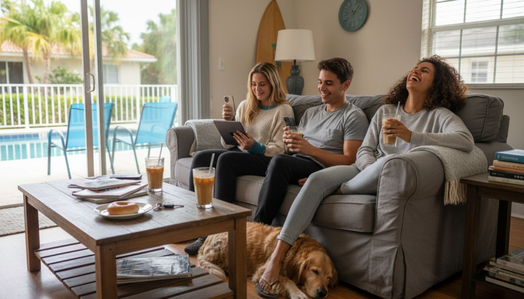 Three friends sit on a couch in a bright living room, laughing and enjoying drinks. A golden retriever rests nearby, with a sparkling pool visible outside—showcasing what Boca Raton living is all about.