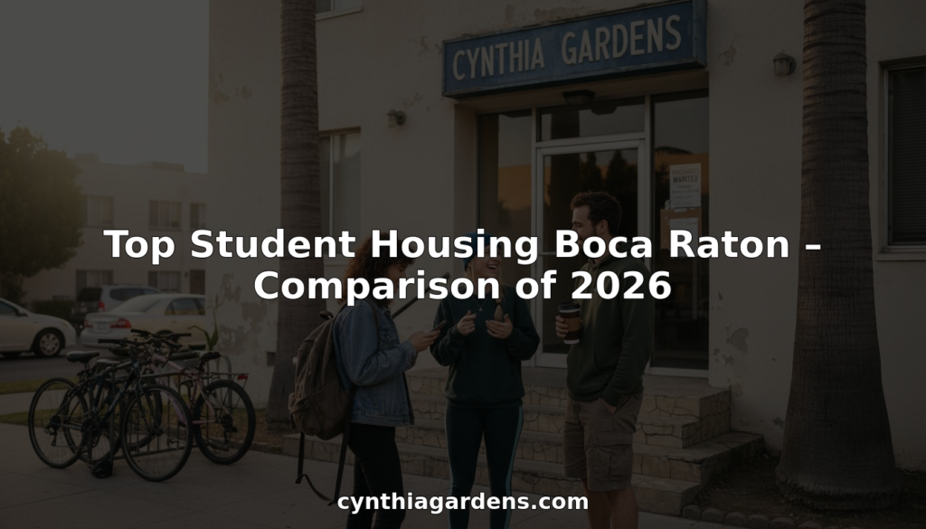 Three students chat outside a building with a "Cynthia Gardens" sign, bicycles parked nearby. Text overlays highlight “top student housing Boca Raton – Comparison of 2026” and “cynthiagardens.com”.