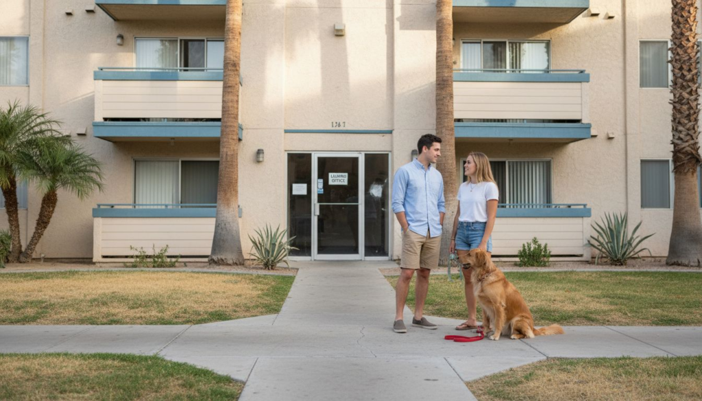 A man and woman stand talking outside a beige apartment building with balconies—an example of what is a pet-friendly apartment. A golden retriever sits on the sidewalk beside them, its red leash on the ground. Palm trees and small plants are nearby.