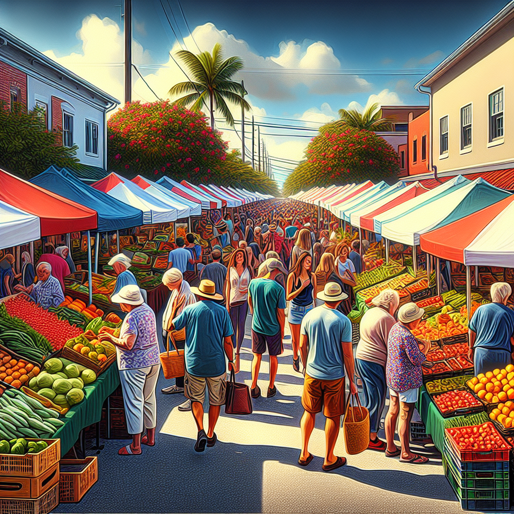 A busy outdoor farmers market fills a sunny street, with people browsing colorful fruit and vegetable stalls under striped tents, surrounded by palm trees and vibrant buildings.