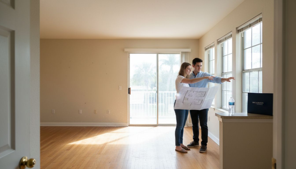 A couple stands in an empty, sunlit room with wooden floors, examining a floor plan—perhaps inspired by a guide to renting in Boca Raton—as they look toward the windows overlooking a balcony and trees outside.