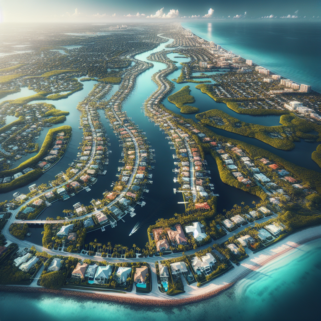 Aerial view of a coastal city with winding waterways, luxury homes, green vegetation, and a long stretch of sandy beach next to turquoise ocean waters. The scene appears vibrant and sunny.