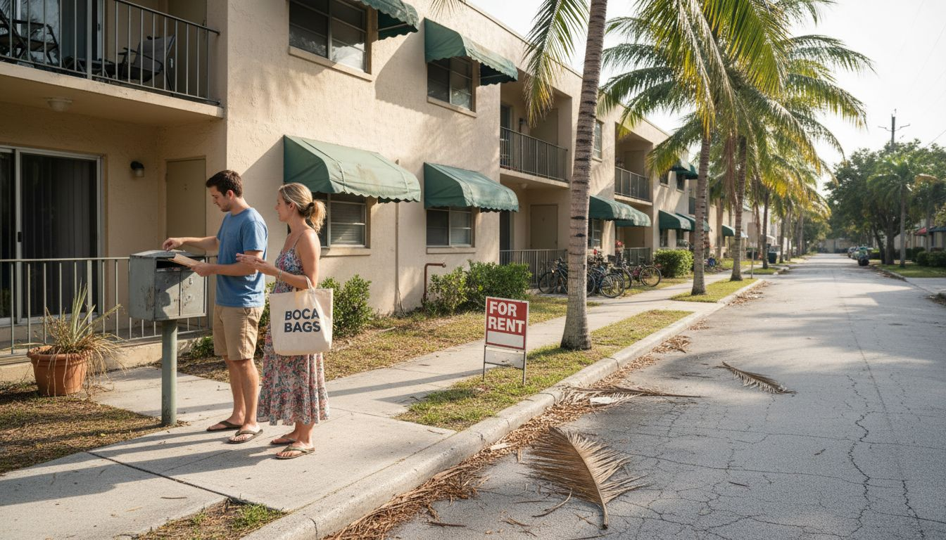 A man and woman check a mailbox outside a beige apartment building with green awnings. The woman holds a “BOCA BAGS” tote. Wondering why rent in Boca Raton? A “For Rent” sign sits on the palm-lined, sunny street.