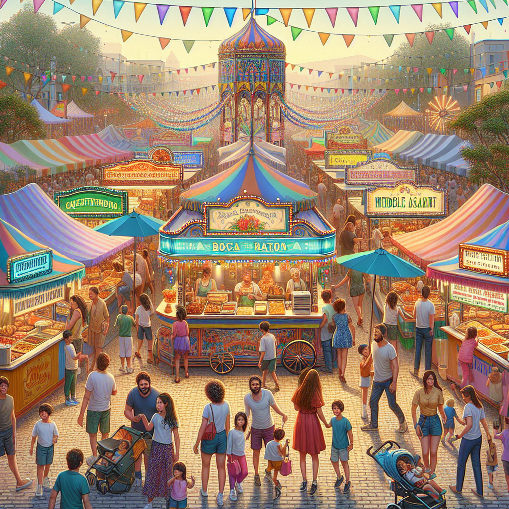 A lively outdoor street festival with colorful tents, food stalls, festive lights, and crowds of people, including families and children, enjoying the sunny day. Triangular flags are strung overhead, adding to the cheerful atmosphere.