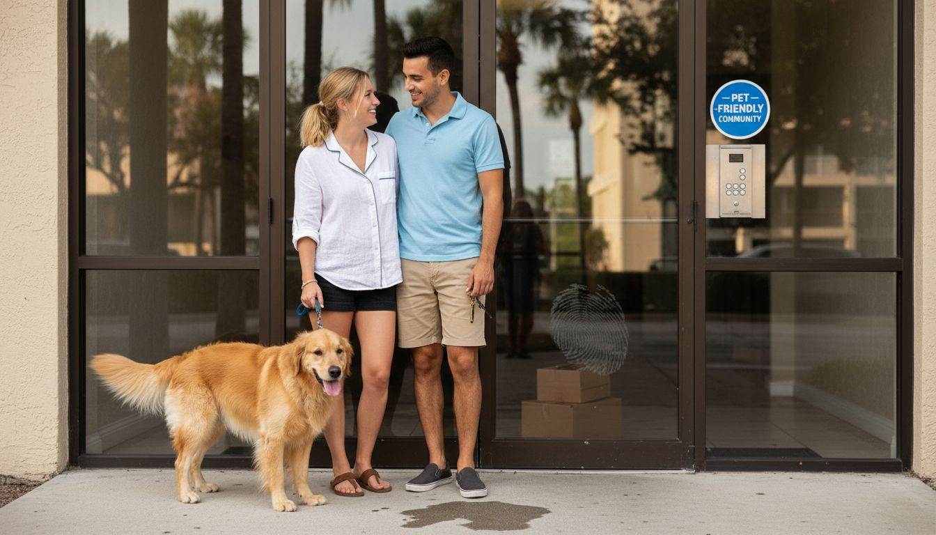 A smiling couple stands outside a glass door, holding hands and looking at each other. The woman holds a leash attached to a golden retriever. Packages rest behind them, next to a "Pet Friendly Community" sign—perfect for any pet-friendly apartment guide.