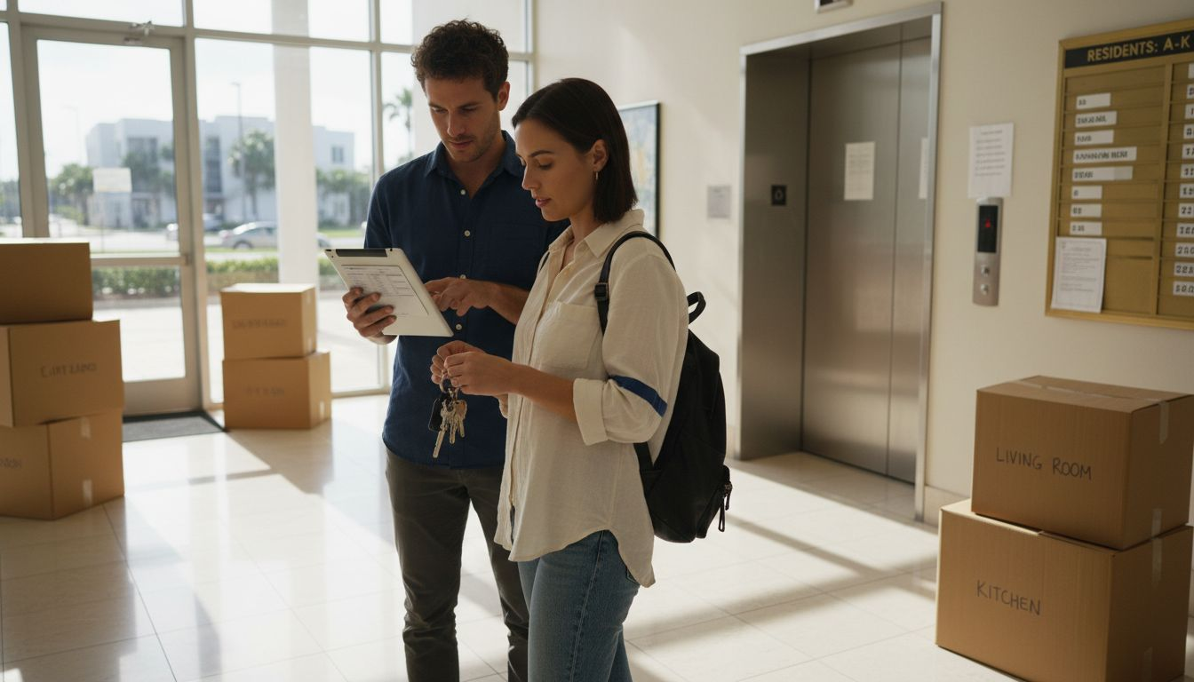 A man and woman stand in an apartment lobby with moving boxes around them; the man holds a clipboard, while the woman—sporting a backpack and keys—prepares to settle in, perhaps seeking moving to Boca Raton tips. An elevator and bulletin board are in the background.