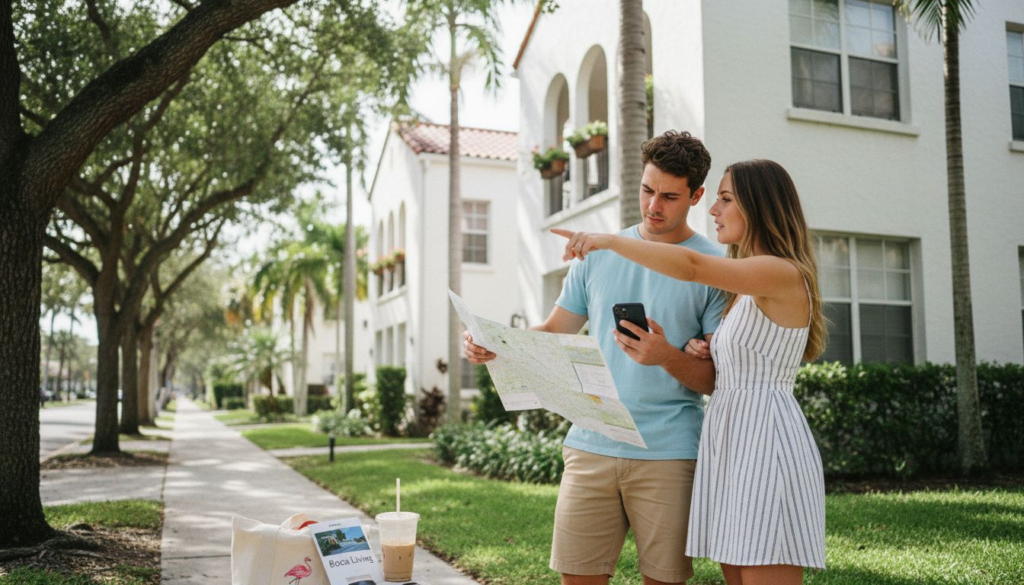 A young man and woman stand on a sunny sidewalk with palm trees, looking at a map and phone as they follow their apartment search step by step. The woman points ahead, with a tote bag and iced coffee on the ground beside them.