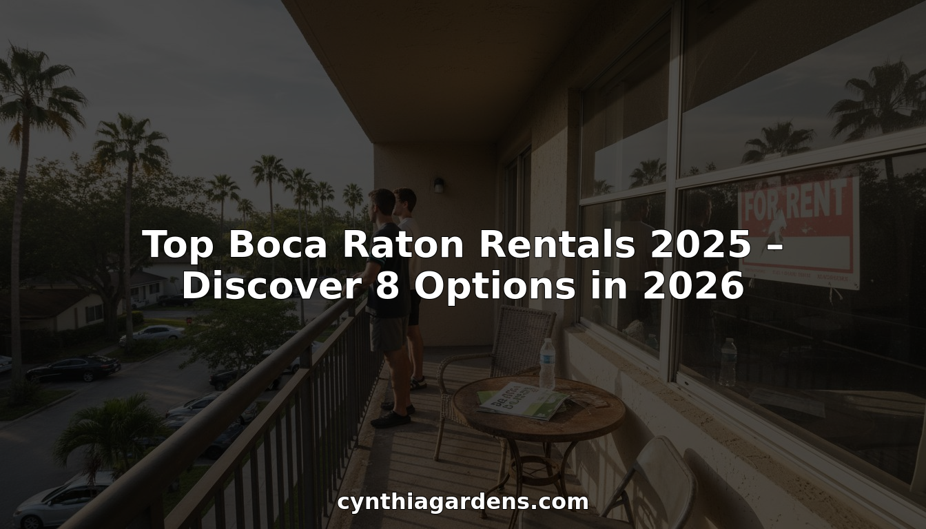 A person stands on a balcony with patio furniture overlooking palm trees and parked cars. A "For Rent" sign is visible. Text reads, "Top Boca Raton Rentals 2025 – Discover the best options for your next move.