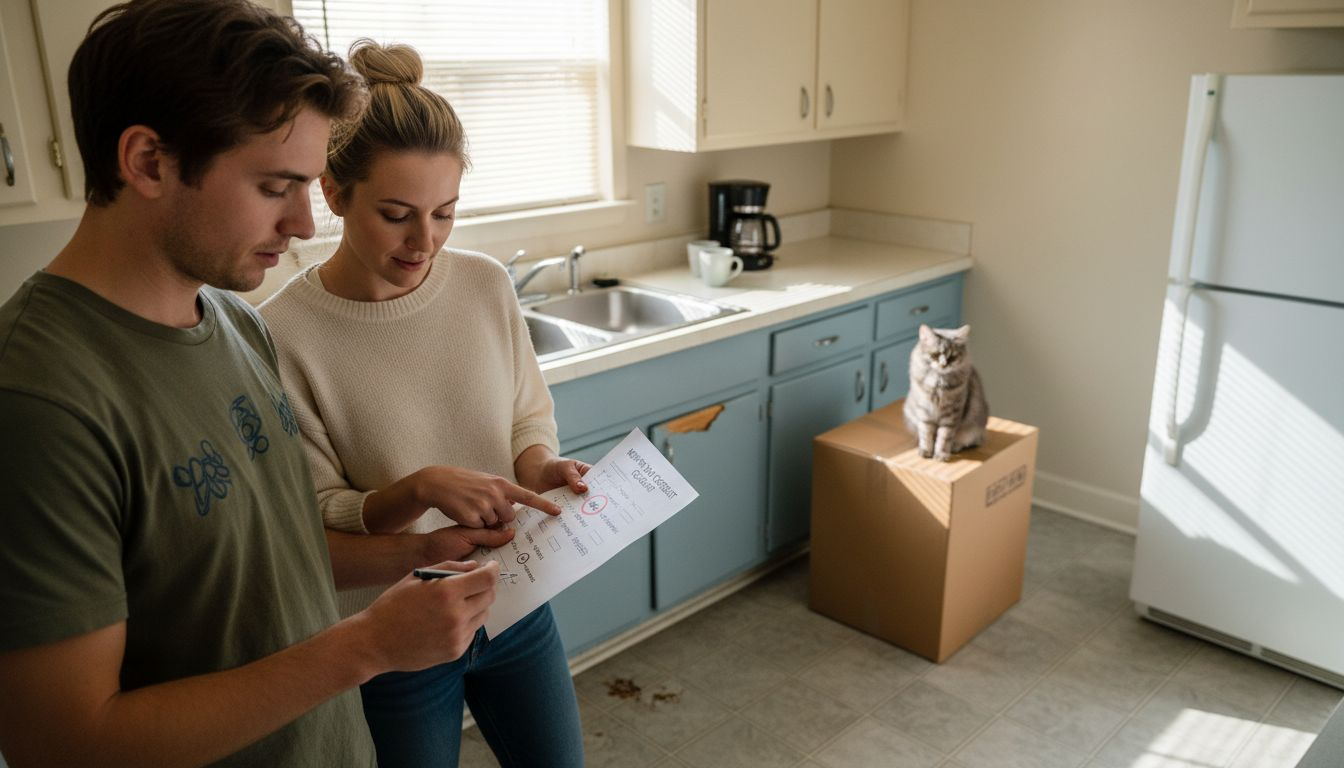A couple stands in a kitchen looking at an apartment hunting checklist together, while a gray cat sits on a cardboard box near the refrigerator. Sunlight streams in through the window, brightening the room.