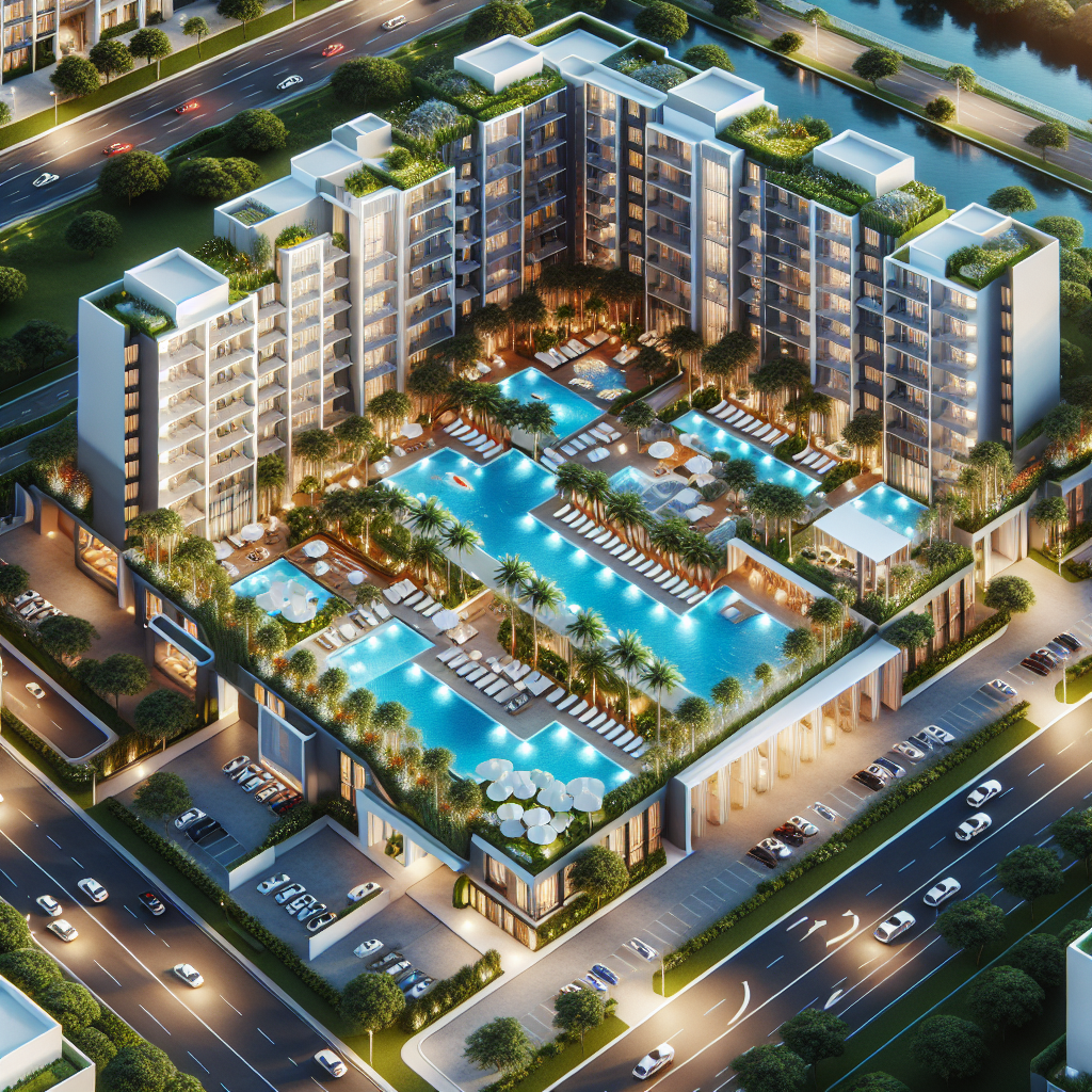 Aerial view of a modern luxury apartment complex with tall buildings surrounding a large central pool area, palm trees, lounge chairs, and landscaped gardens, set beside busy city streets at night.