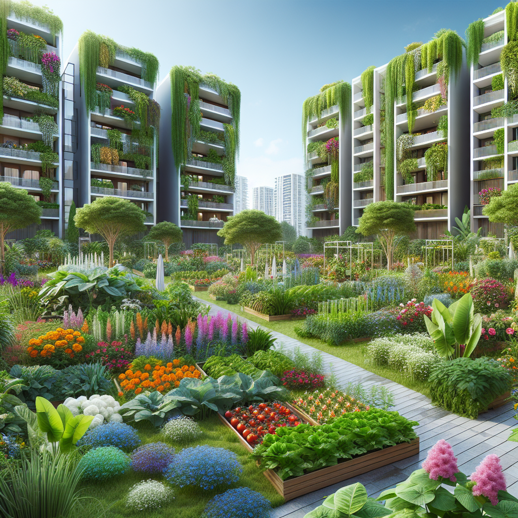 Apartment buildings with greenery cascading from balconies surround a lush, colorful community garden filled with flowers, vegetables, and trees under a bright blue sky in an urban setting.