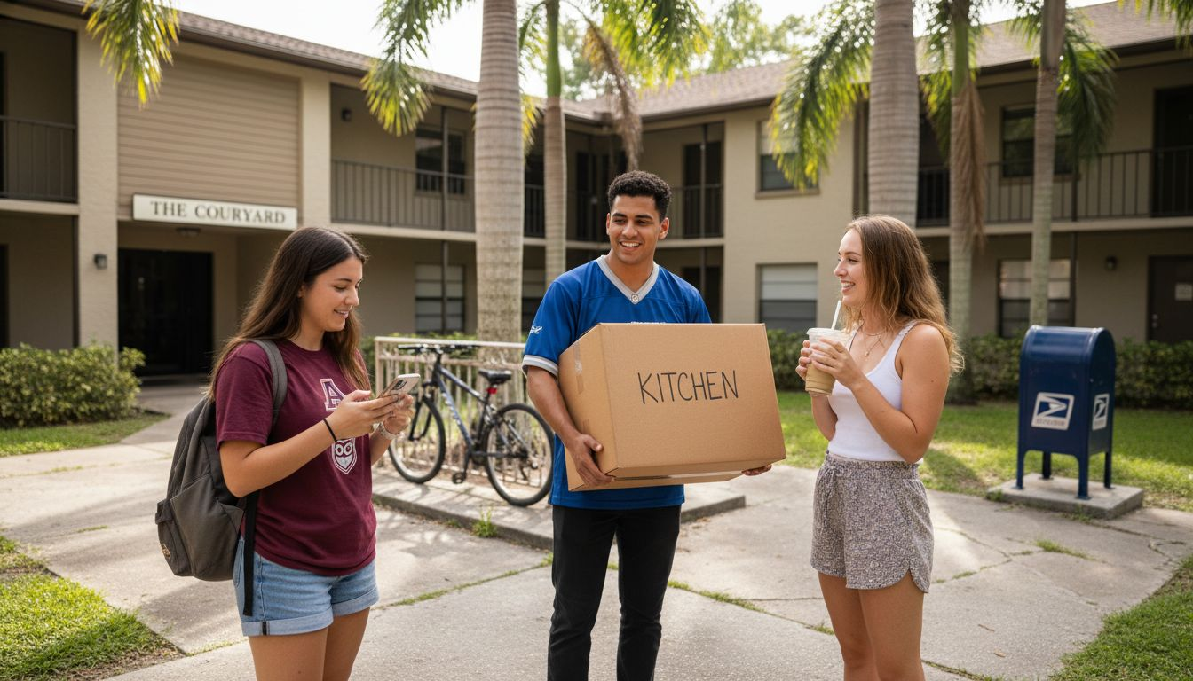 Three young adults stand outside an apartment complex, enjoying apartment community advantages. One holds a box labeled "KITCHEN," another checks a phone, and the third sips a drink—everyone is smiling. Palm trees and mailboxes complete the relaxed scene.