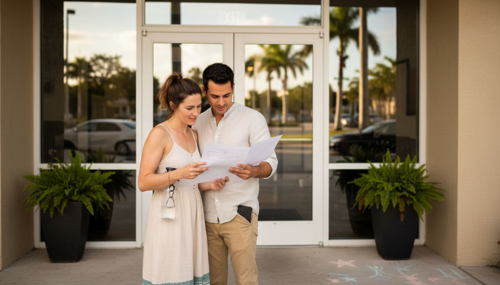 A couple stands outside a building reading papers, perhaps considering why choose no fee apartments. They look focused as two potted plants flank the entrance and palm trees, cars, and chalk drawings complete the lively scene.