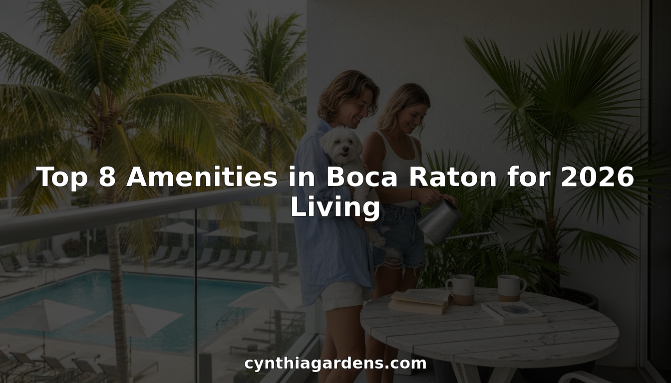 Two women and a small dog stand on a balcony overlooking a pool and palm trees, with "Top 8 Amenities in Boca Raton for 2026 Living" highlighting the top amenities in Boca Raton and "cynthiagardens.com" displayed over the image.