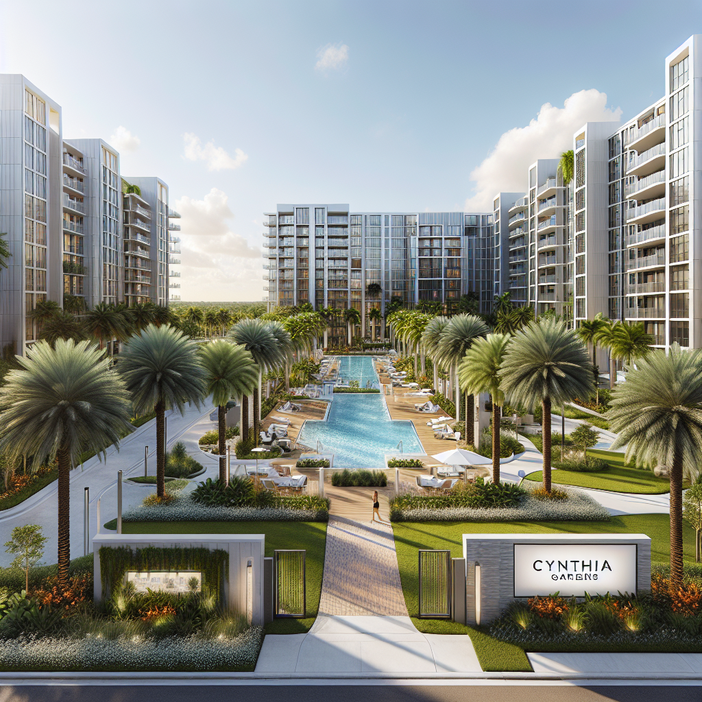 A modern apartment complex with tall buildings, palm trees, a central pool, lounge chairs, and landscaped gardens. A sign at the entrance reads "CYNTHIA GARDENS" and people are walking along pathways.