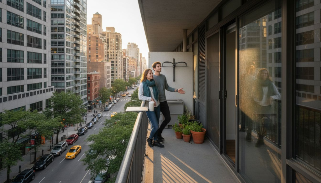 A couple stands on a high-rise balcony overlooking a bustling city street—tall buildings, cars, and trees below. They chat and enjoy the view with potted plants nearby, embodying what is modern apartment living at its best.