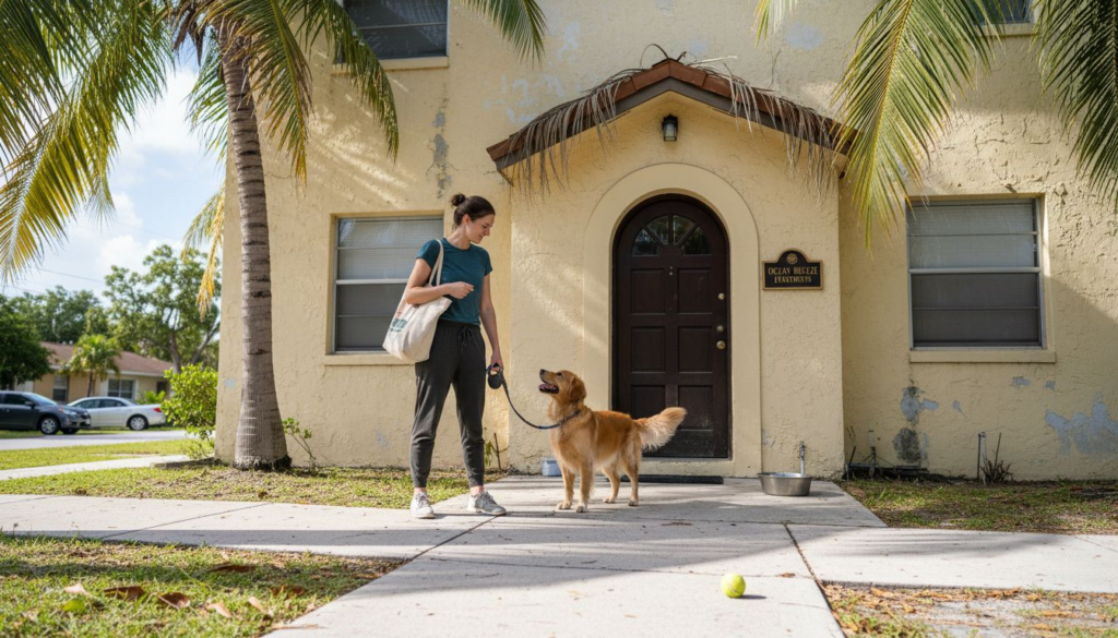 A woman stands outside a tan stucco house in Boca Raton, holding a leashed golden retriever. A tote bag hangs on her shoulder, and a tennis ball lies on the sidewalk. Palm trees frame this pet friendly housing scene for renters.