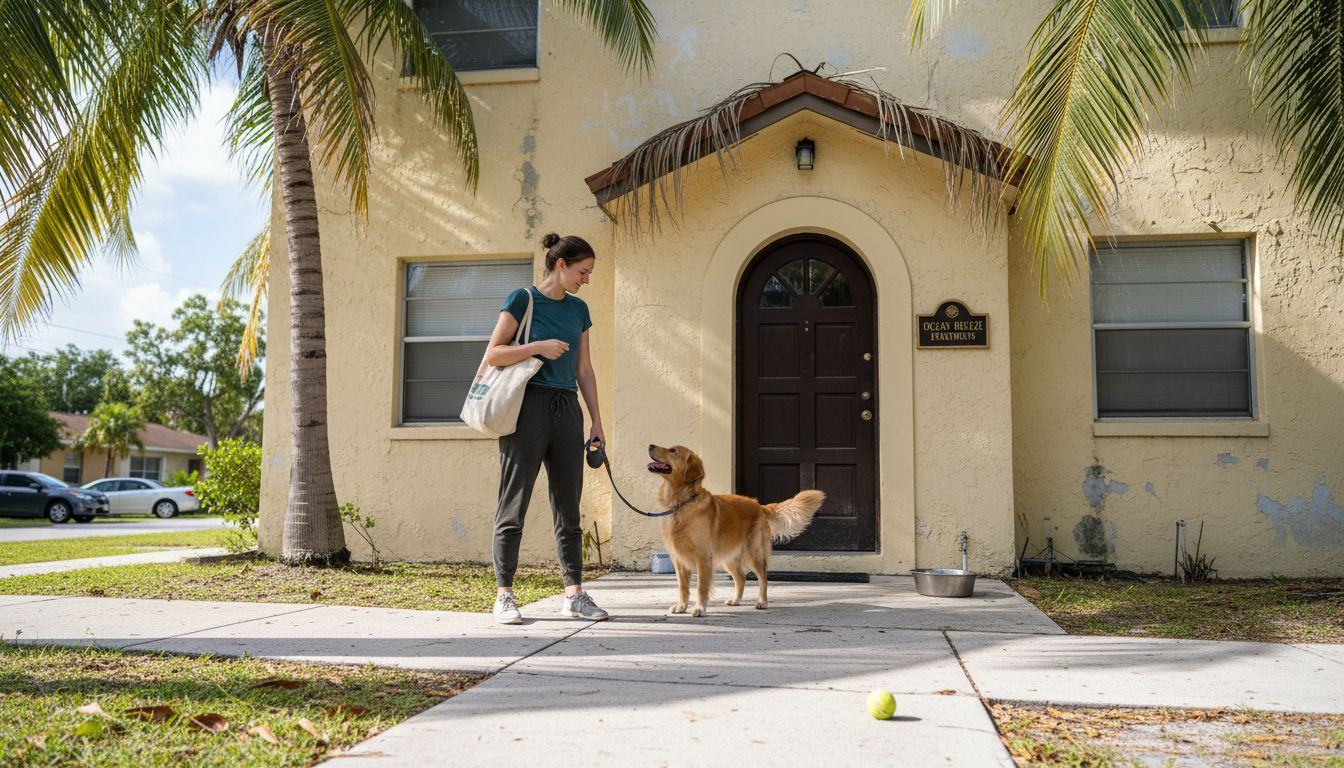 A woman stands outside a tan stucco house in Boca Raton, holding a leashed golden retriever. A tote bag hangs on her shoulder, and a tennis ball lies on the sidewalk. Palm trees frame this pet friendly housing scene for renters.