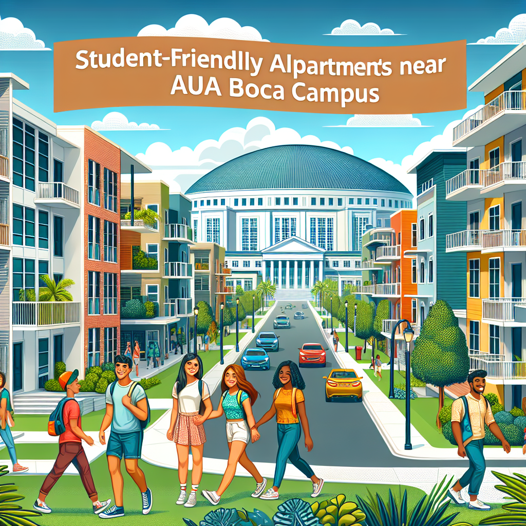 Illustration of cheerful students walking along a street lined with modern apartments. In the background is a large domed campus building. Banner reads: "Student-Friendly Apartments near AUA Boca Campus.