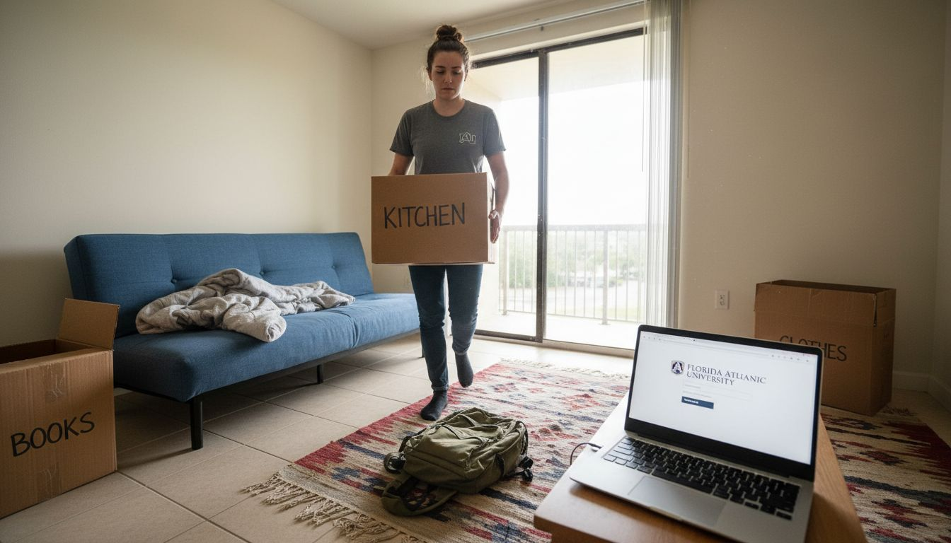 A woman carries a box labeled "Kitchen" in a sparsely furnished room with packed boxes, a blue couch, and a laptop open to Florida Atlantic University's website—a scene familiar to many FAU renters settling into their new place.