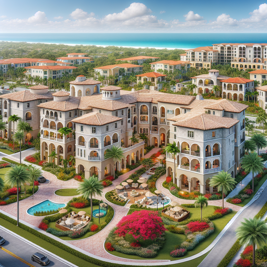 A Mediterranean-style resort complex with terracotta roofs, lush gardens, palm trees, a pool, outdoor seating areas, and walking paths, set near the coastline with the ocean visible in the background under a bright sky.