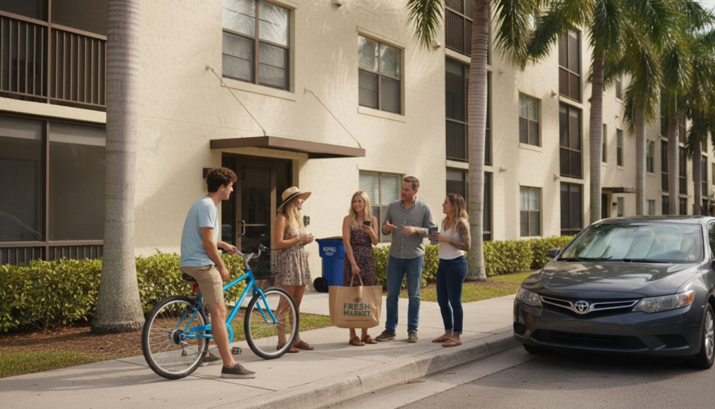 Five people gather on a sunny sidewalk near a modern apartment community in Boca Raton; one holds a bicycle while others chat and carry Fresh Market grocery bags by a parked gray car and palm trees, reflecting an active lifestyle impact.