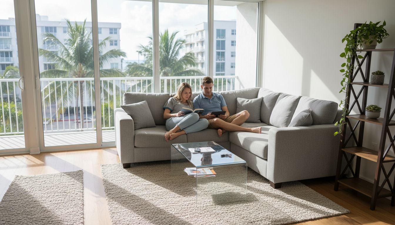 A couple sits together on a gray sectional sofa in a bright Boca Raton modern apartment, reading or looking at a tablet. Large windows reveal palm trees and apartment buildings outside.