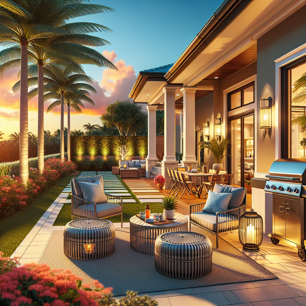 A luxurious backyard patio at sunset features comfy lounge chairs, a dining area, a barbecue grill, palm trees, lush greenery, and soft lighting, creating a relaxing and inviting outdoor living space.