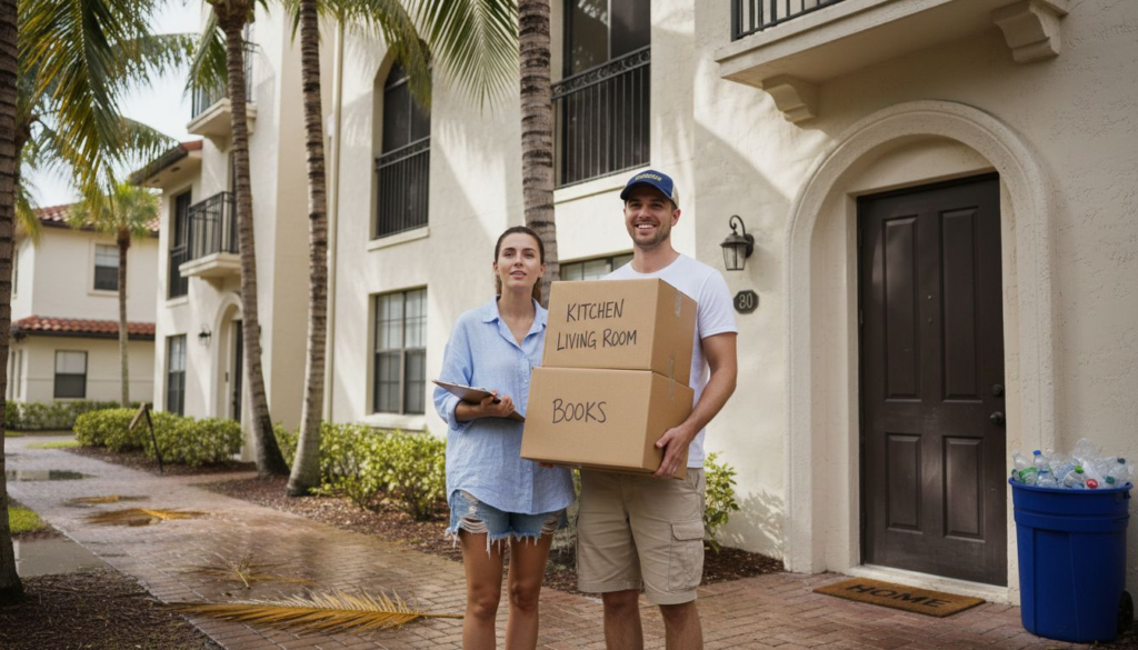 A smiling couple stands outside a Move-In Ready Apartment in Boca Raton, holding moving boxes labeled "Kitchen, Living Room" and "Books." The woman holds a clipboard, and palm trees line the walkway beside them for hassle-free living.