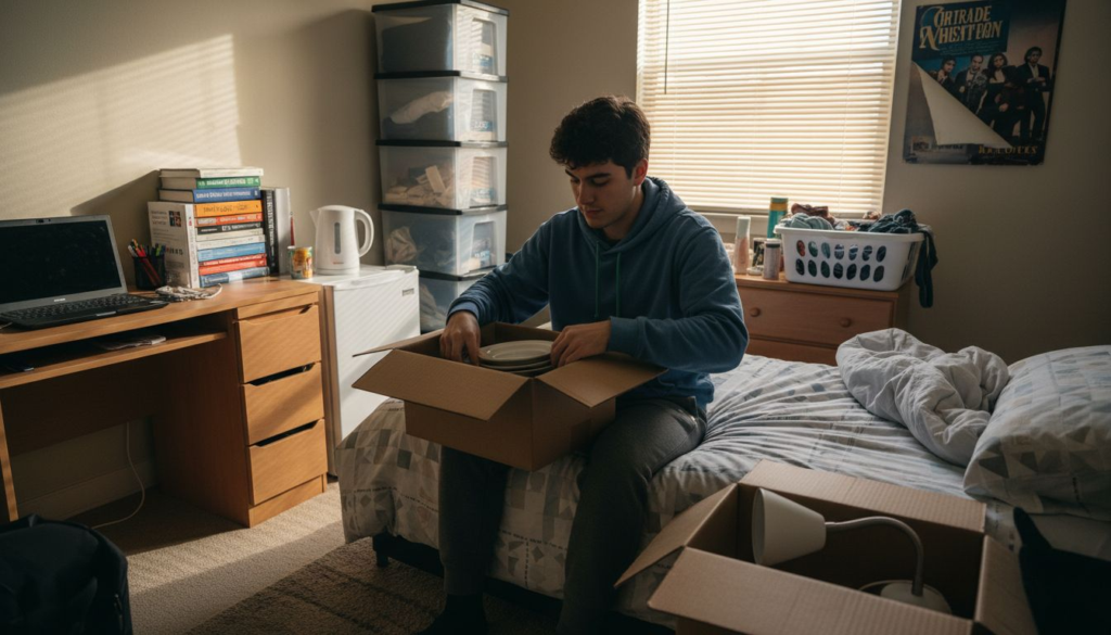 A young man sits on a bed in a tidy student apartment, unpacking student apartment essentials from a cardboard box. The room features a desk with books and a laptop, a laundry basket, and sunlight streaming through the window blinds.