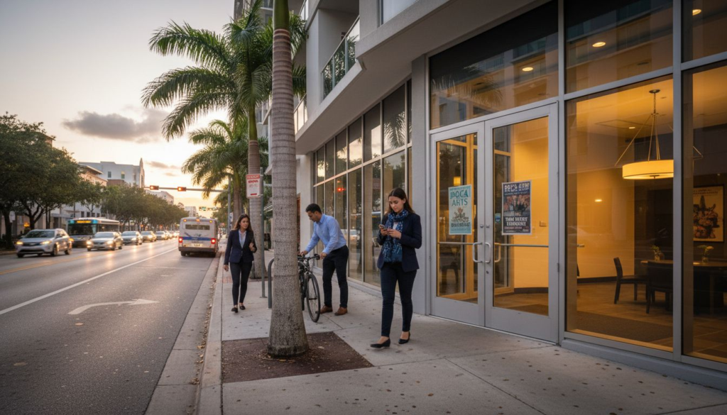 People walk on a city sidewalk in Boca Raton with palm trees at sunset; some are in business attire, one unlocks a bike, and cars and a bus drive by. Large glass windows reflect the scene, capturing the essence of Urban Apartment Living.