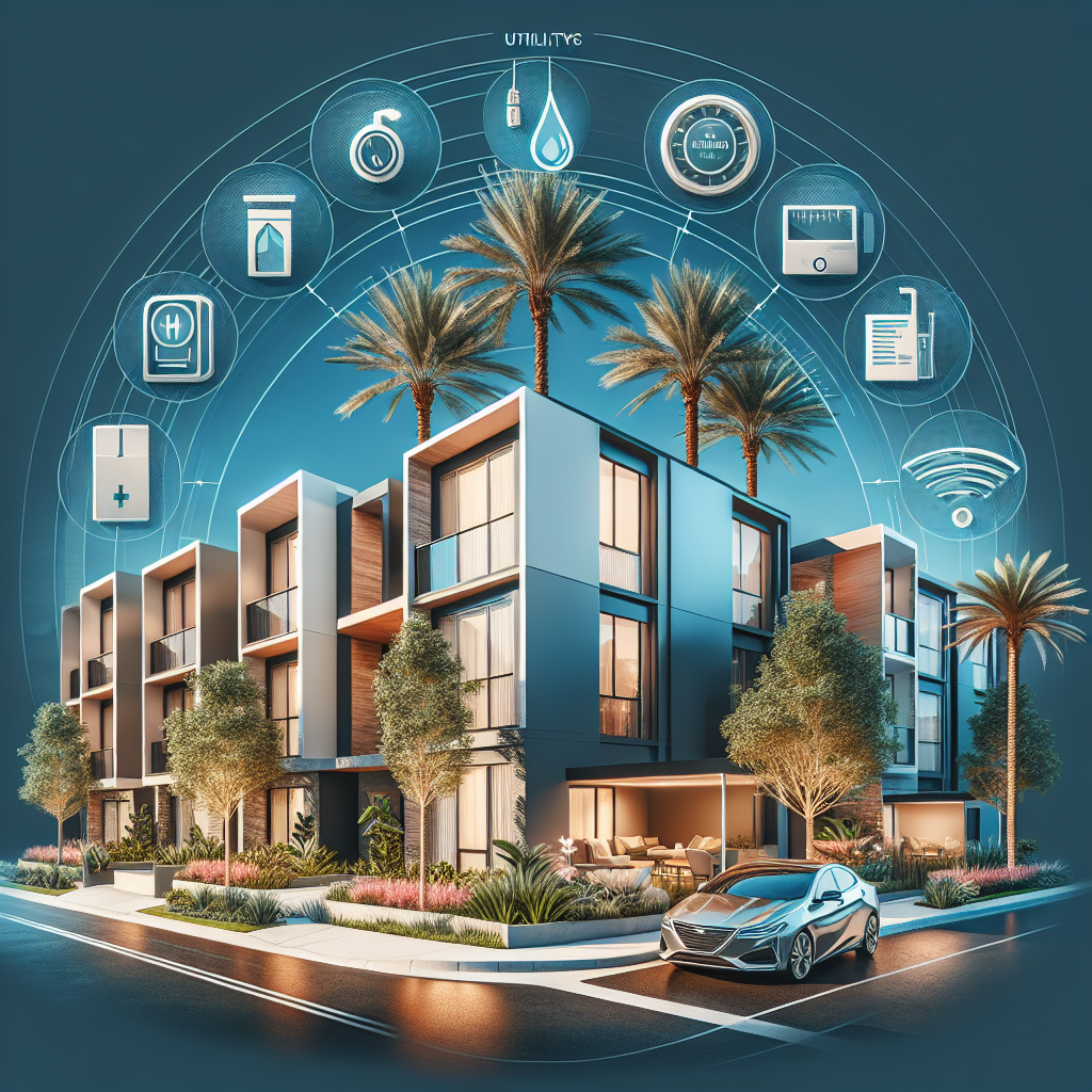 Modern apartment complex with palm trees and a parked car in front, surrounded by circular smart technology and utility icons, illustrating a connected, high-tech living environment.