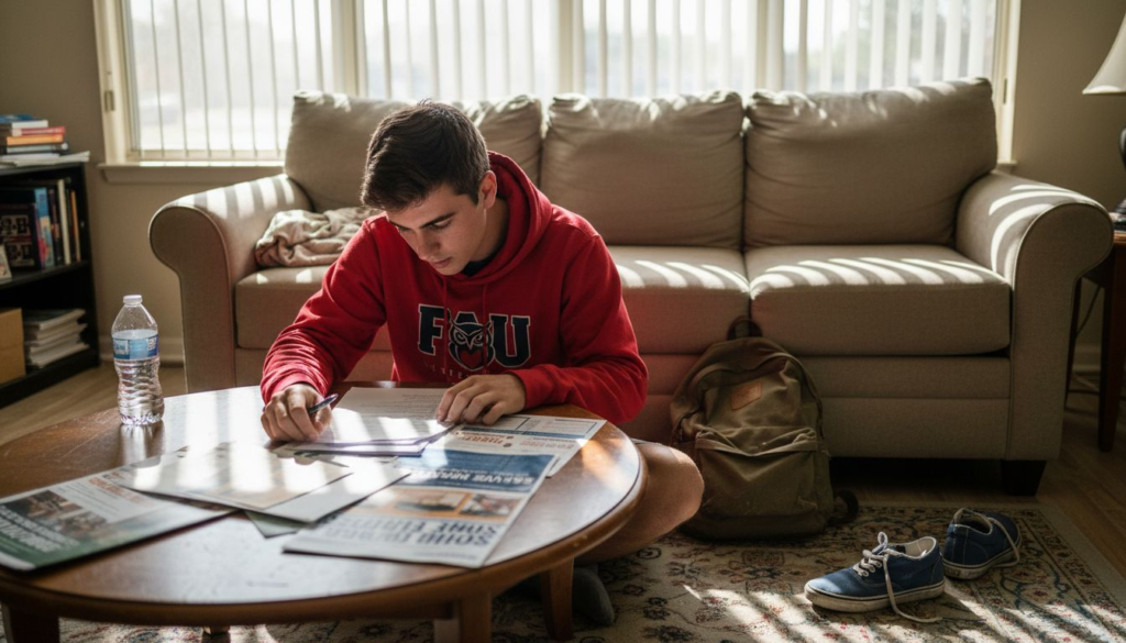 A young man in a red FAU hoodie sits on the floor in front of a coffee table, writing on papers and newspapers. Surrounded by his backpack, shoes, and water bottle, he studies housing options in Boca Raton near a beige couch and large windows.