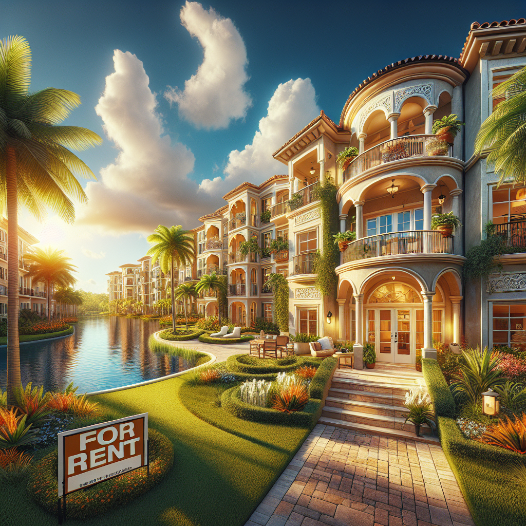 A luxurious apartment complex with Mediterranean-style architecture, lush landscaping, a lake, and palm trees, shown at sunset. A "For Rent" sign is visible near the entrance pathway.