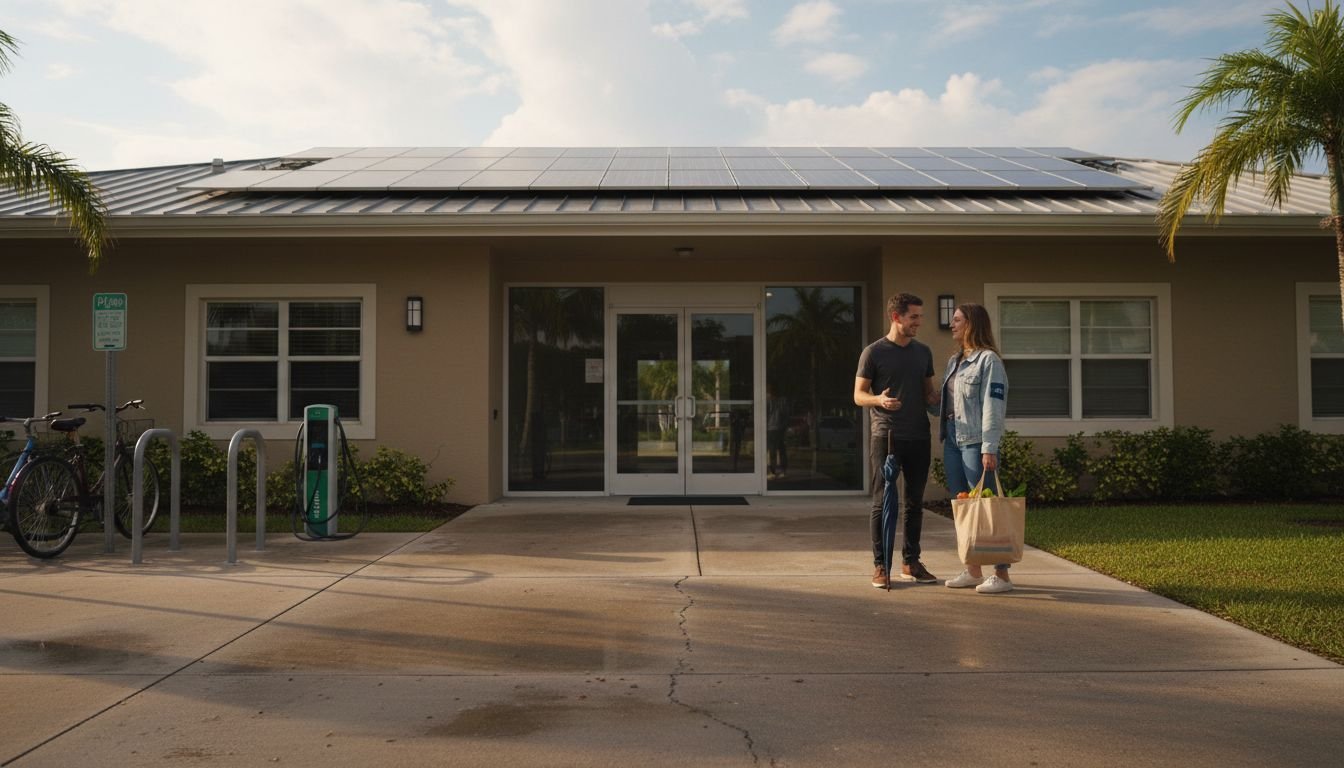 A man and woman stand talking outside energy efficient apartments in Boca Raton with solar panels on the roof. The woman holds a grocery bag, and nearby are palm trees, a bike rack, and an electric vehicle charging station.