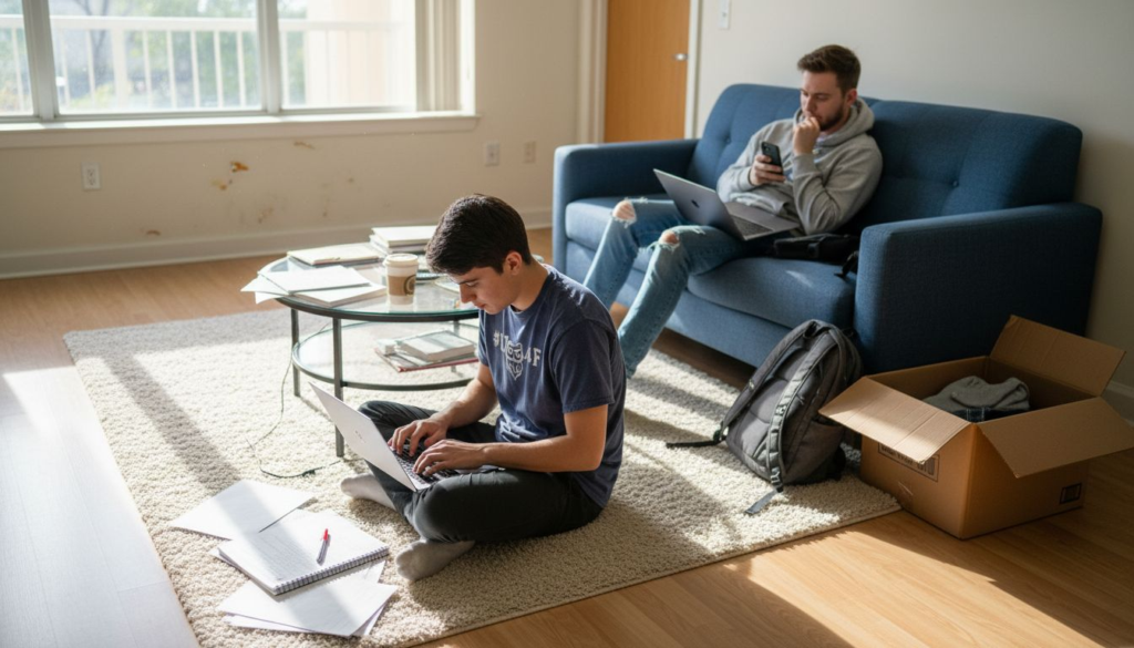 Two young men in a bright FAU Apartment; one sits on the floor with a laptop and notebook, while the other lounges on a blue couch using his phone, an open laptop on his lap. Books and a backpack nearby create a perfect 2025 Student Housing Guide scene.