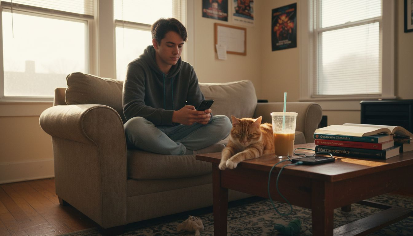 Student renter relaxing with their cat