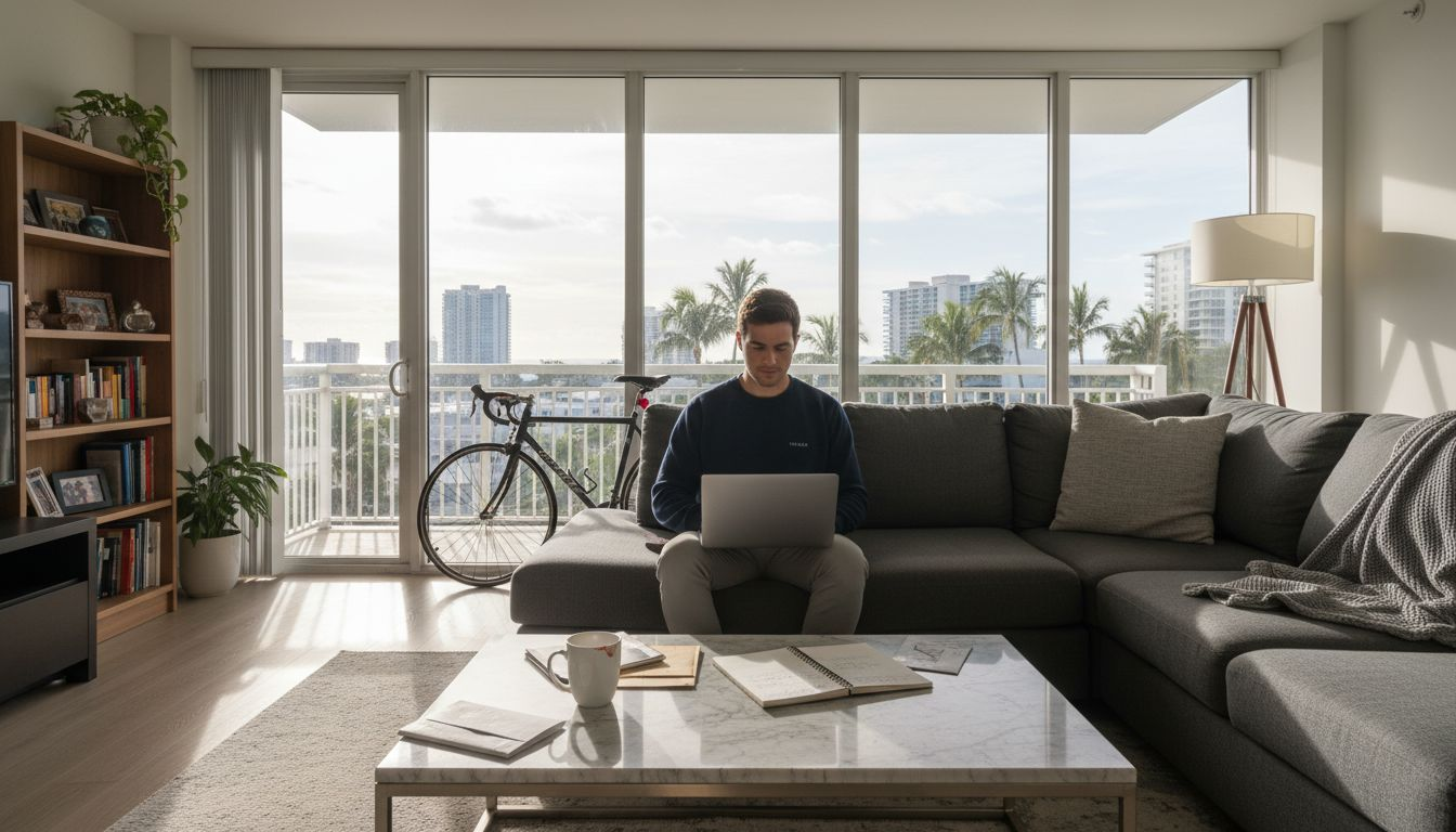 A man sits on a gray sofa using a laptop in a bright, modern living room with large windows, ideal for young professional housing in Boca Raton. A coffee table with books, papers, and views of palm trees and cityscape complete the scene.