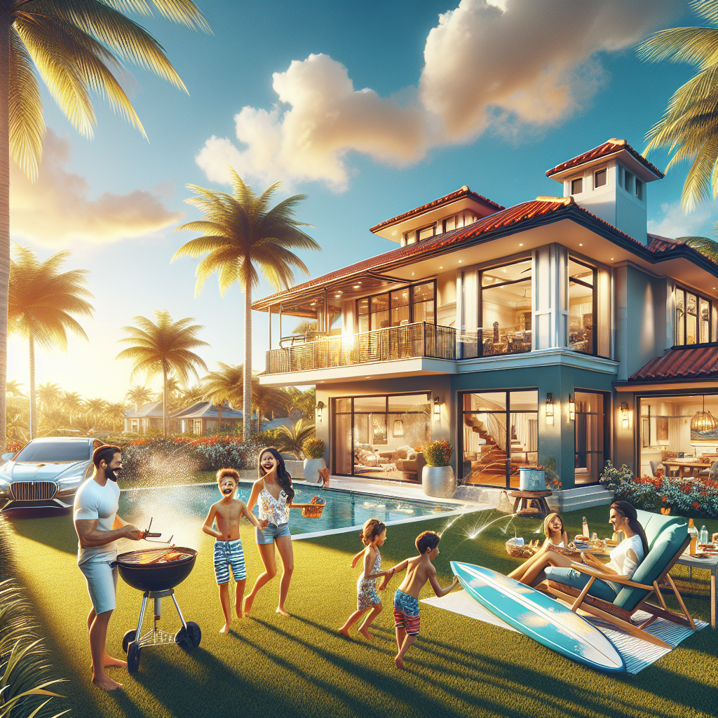 A family enjoys a sunny day in the backyard of a modern, two-story house with palm trees, a pool, and a BBQ grill. Some members relax on lounge chairs, kids play on the grass, and a luxury car is parked nearby.
