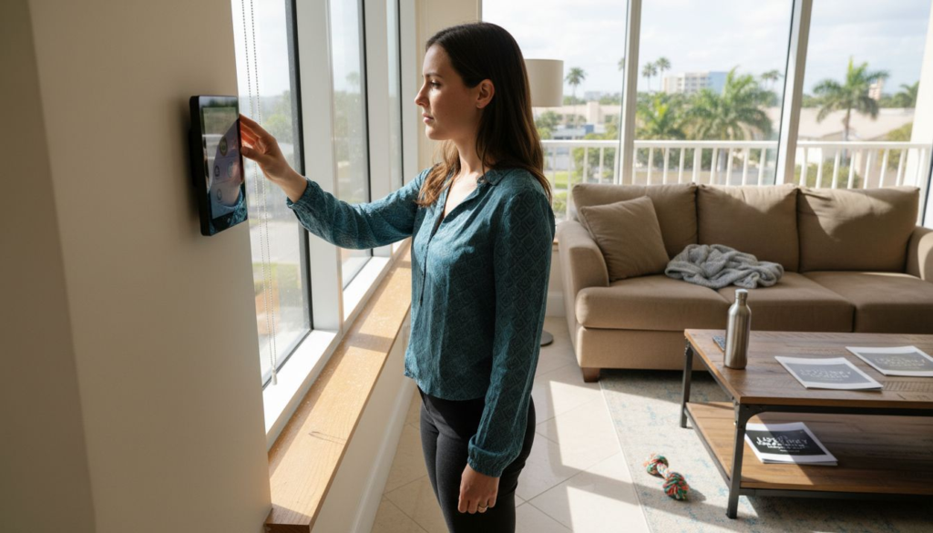 A woman in a teal blouse stands in a bright Boca Raton living room, touching a tablet mounted on the wall near large windows. There’s a beige sofa, coffee table, and palm trees outside—showcasing upscale apartment features.