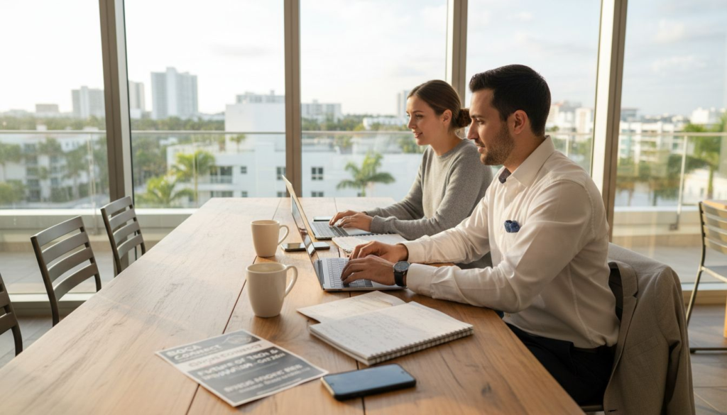 Young professionals networking in apartment lounge