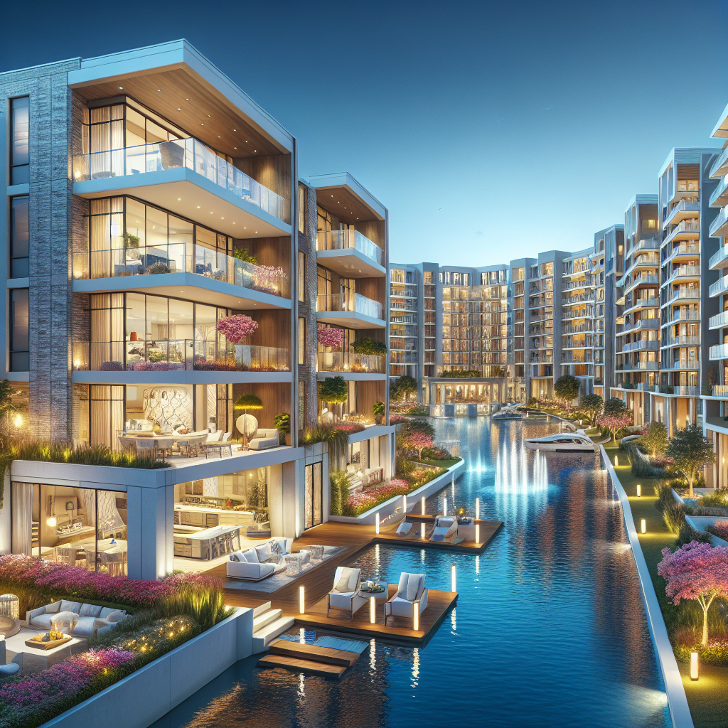 Luxury modern apartment buildings with large balconies overlook a canal lined with lights, lush landscaping, and stylish outdoor seating areas at twilight, creating an elegant waterfront residential scene.