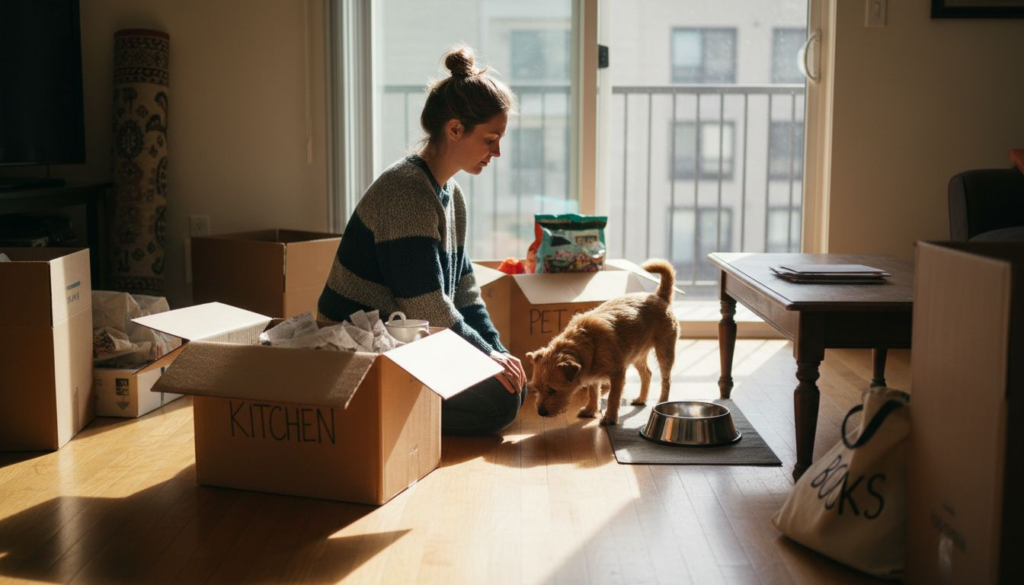 Pet owner unpacking with dog in apartment
