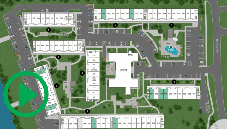 Apartment complex map with numbered buildings, parking lots, green spaces, a pool, playground, and main office/mail area at the center—ideal for those seeking Boca Raton Apartments for Rent. A large green play button sits in the lower left corner.