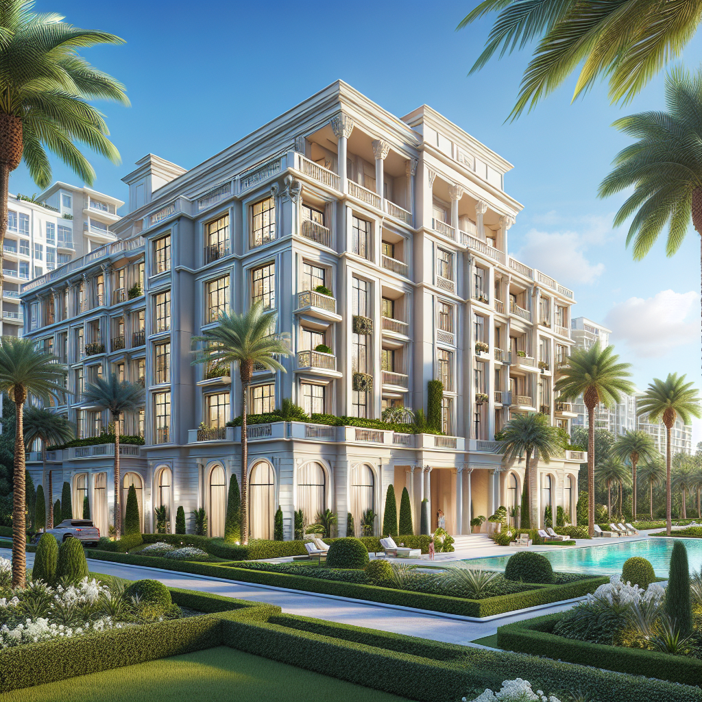 A luxurious multi-story building with classical architectural features, surrounded by palm trees, manicured gardens, and a reflecting pool, under a clear blue sky.