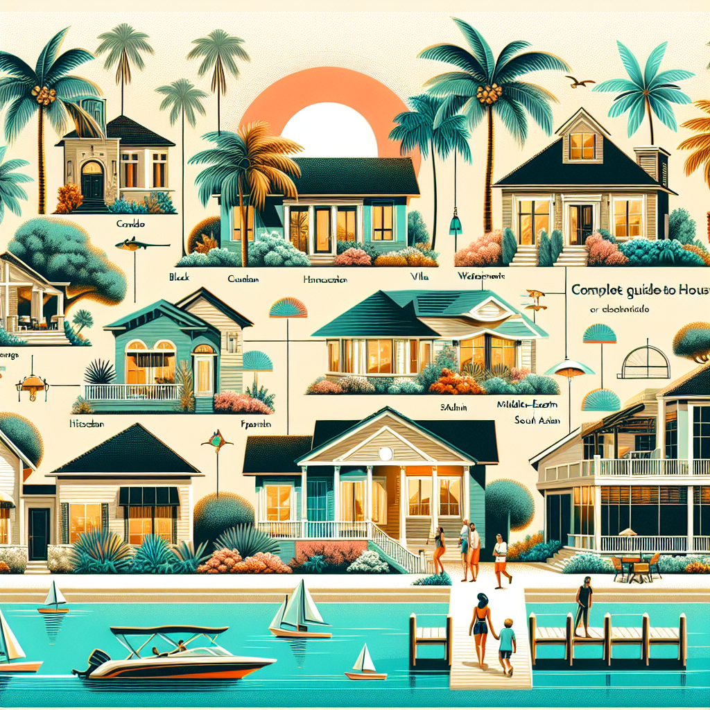 An illustrated guide shows different house styles, including colonial, villa, and waterfront. Tropical plants, boats, and people walking by the water create a vibrant, coastal scene. Labels identify each house type.